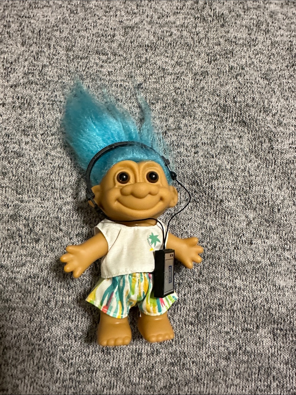 Russ Blue-haired troll doll with Walkman and headphones. Beach themed outfit